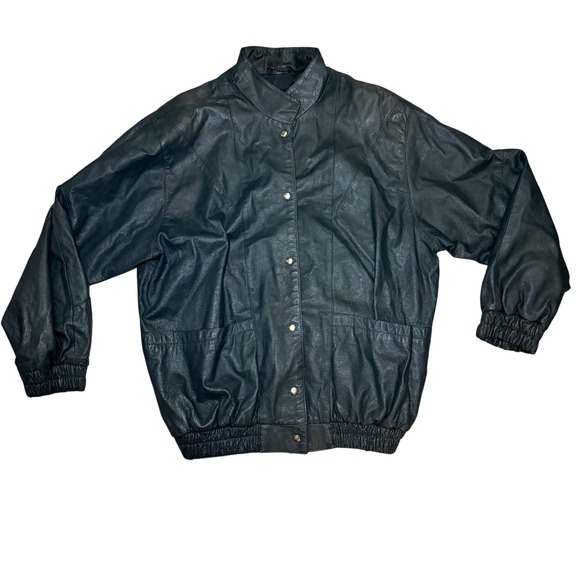 VTG C&A Canda Black Genuine Leather Bomber Jacket‎ Pigskin 80s Mens Large Biker